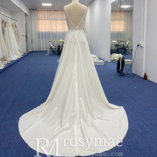 A-line Satin and Lace Vneck Wedding Dress with Strapy - Rosymae