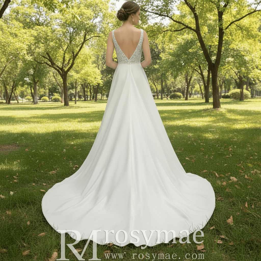 A-line Satin and Lace Vneck Wedding Dress with Strapy - Rosymae