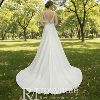 A-line Satin and Lace Vneck Wedding Dress with Strapy - Rosymae