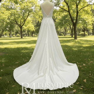 A-line Satin and Lace Vneck Wedding Dress with Strapy - Rosymae