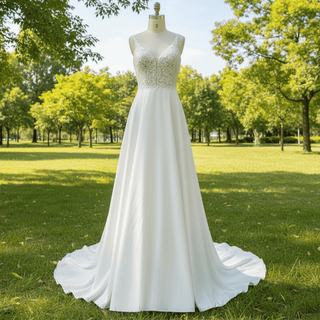 A-line Satin and Lace Vneck Wedding Dress with Strapy - Rosymae