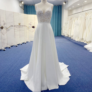 A-line Satin and Lace Vneck Wedding Dress with Strapy - Rosymae