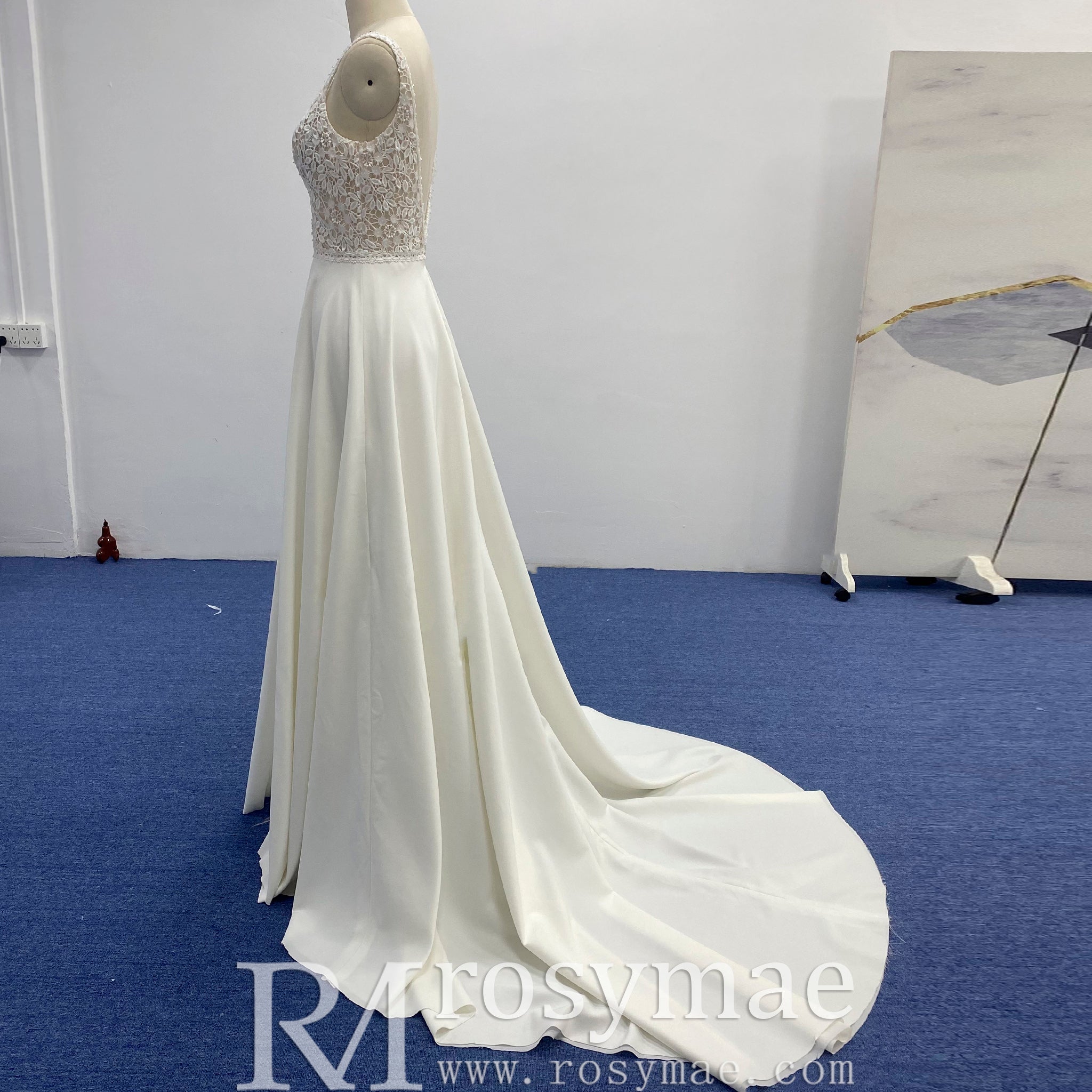 A-line Satin and Lace Vneck Wedding Dress with Strapy - Rosymae