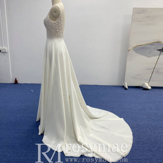A-line Satin and Lace Vneck Wedding Dress with Strapy - Rosymae
