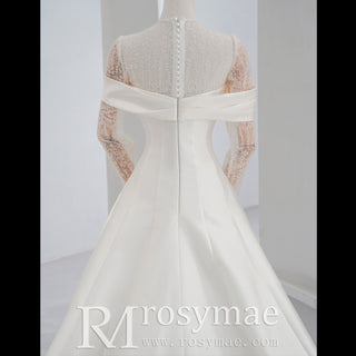 Satin A-line Wedding Dresses with Long Lace sleeve and High O-neck