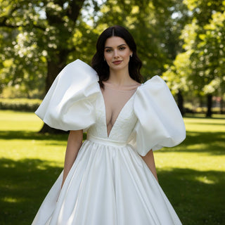 A-line Satin Deep Vneck Wedding Dress with Puff Lantern Short Sleeve - Rosymae