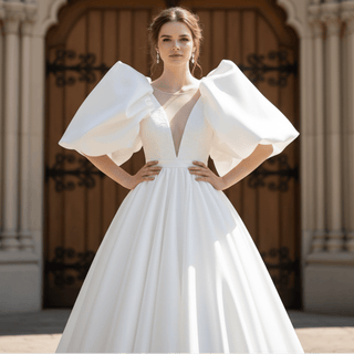 A-line Satin Deep Vneck Wedding Dress with Puff Lantern Short Sleeve - Rosymae