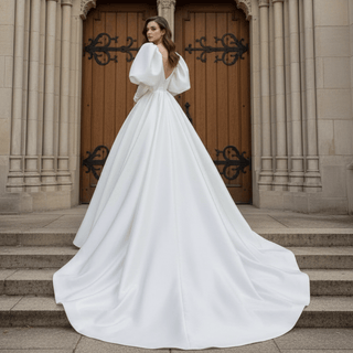 A-line Satin Deep Vneck Wedding Dress with Puff Lantern Short Sleeve - Rosymae