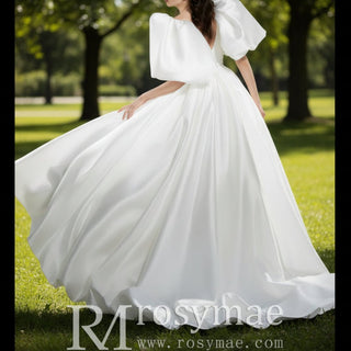 A-line Satin Deep Vneck Wedding Dress with Puff Lantern Short Sleeve - Rosymae