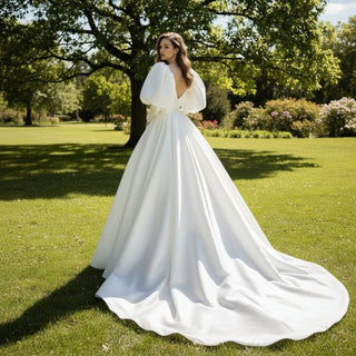 A-line Satin Deep Vneck Wedding Dress with Puff Lantern Short Sleeve - Rosymae