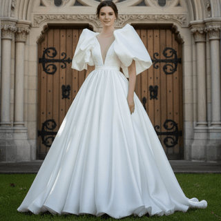 A-line Satin Deep Vneck Wedding Dress with Puff Lantern Short Sleeve - Rosymae