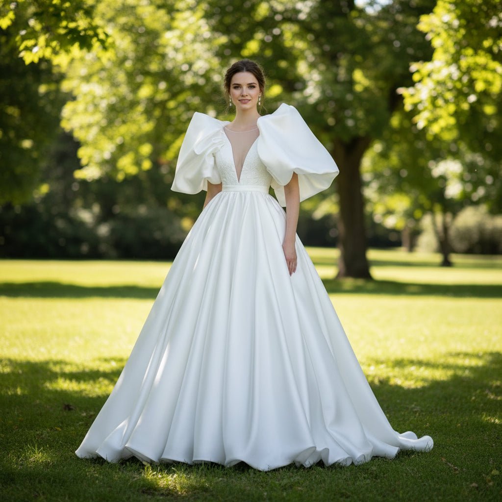 Vestido de novia de satén línea A con escote en V profundo y mangas cortas de farol abullonadas
