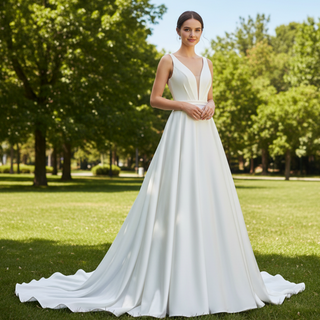 Tank Top Simple Satin A-line Wedding Dress with Vneck