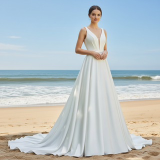 Tank Top Simple Satin A-line Wedding Dress with Vneck