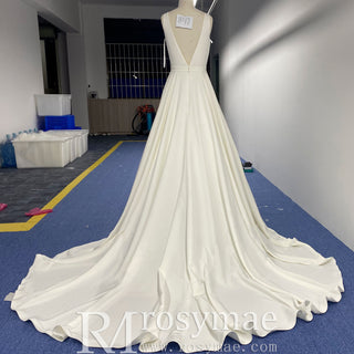 Tank Top Simple Satin A-line Wedding Dress with Vneck