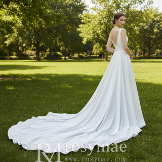 Vestido de novia de corte A de satén sencillo con camiseta sin mangas y cuello en V