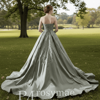 A-line Satin Wedding Dress Strapless Asymmetrical Formal Gown - Rosymae