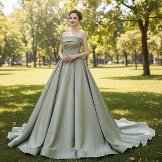 A-line Satin Wedding Dress Strapless Asymmetrical Formal Gown - Rosymae