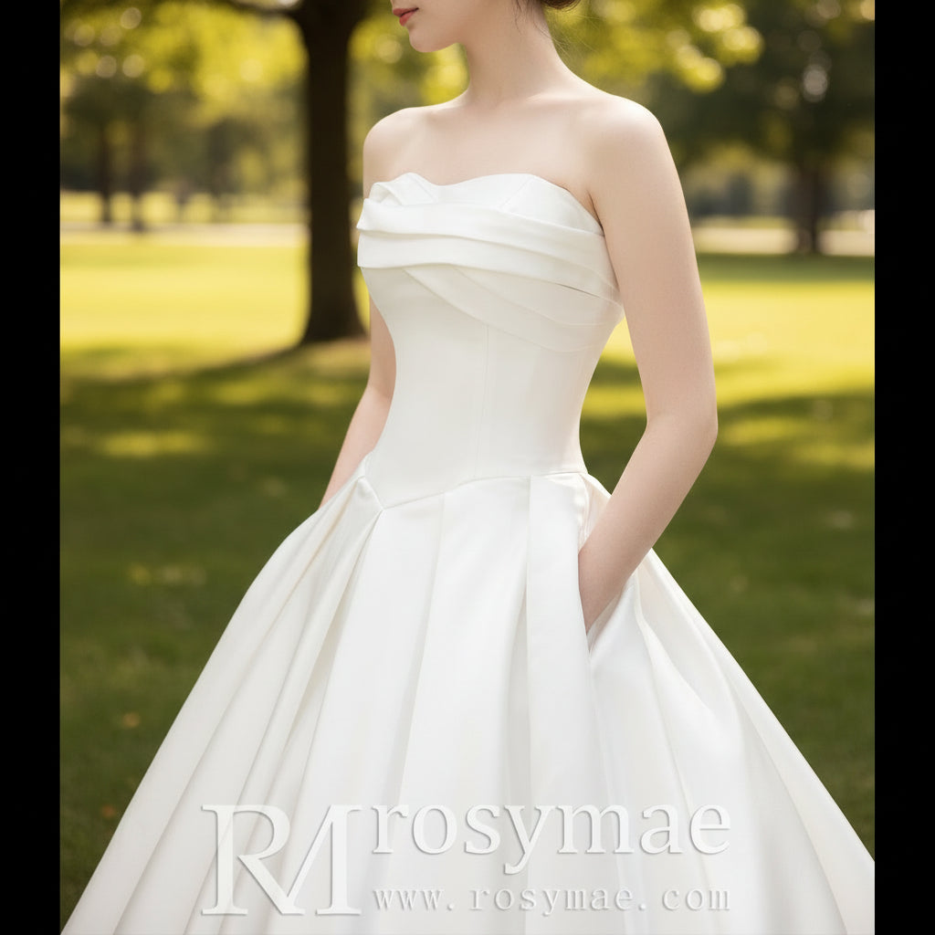 Vestido de novia de satén corte A sin tirantes con bolsillo – Rosymae