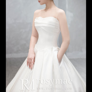 Strapless A-line Satin Bridal Wedding Dress with Pocket