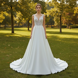 Tank Top Vneck Satin Lace A-line Wedding Dress with Sheer Bodice