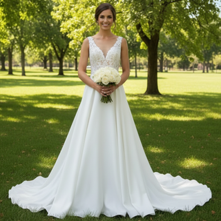 A-line Satin and Lace Sheer Bodice Wedding Dress with Vneck