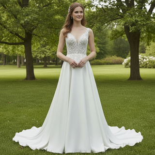 Tank Top Vneck Satin Lace A-line Wedding Dress with Sheer Bodice