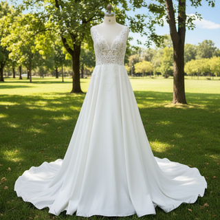 A-line Satin and Lace Sheer Bodice Wedding Dress with Vneck