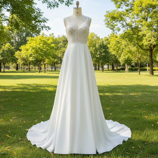 A-line Satin and Lace Vneck Wedding Dress with Strapy