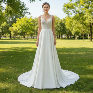 A-line Satin and Lace Vneck Wedding Dress with Strapy
