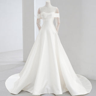 Satin A-line Wedding Dresses with Long Lace sleeve and High O-neck