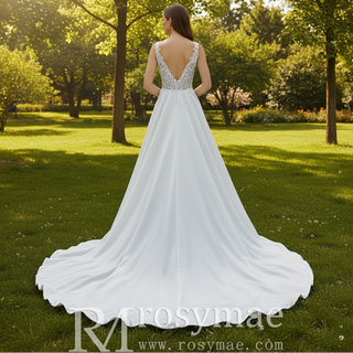 Tank Top Vneck Satin Lace A-line Wedding Dress with Sheer Bodice