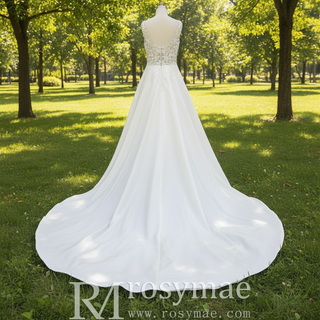 A-line Satin and Lace Sheer Bodice Wedding Dress with Vneck