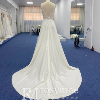 A-line Satin and Lace Vneck Wedding Dress with Strapy