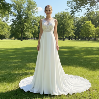 A-line Sheer Vneck Satin Wedding Dress with Illusion Bodice