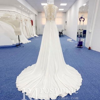 A-line Sheer Vneck Satin Wedding Dress with Illusion Bodice
