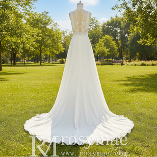 A-line Sheer Vneck Satin Wedding Dress with Illusion Bodice