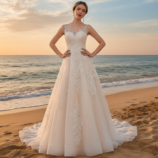 Charming Sheer Neckline A-line Tulle Lace Bridal Wedding Dress
