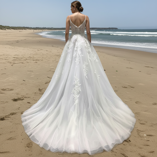 Lightweight Lace Bodice Spaghetti Strap A Line Sheer Beach Wedding Dress