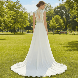 A-line Sheer Vneck Satin Wedding Dress with Illusion Bodice - Rosymae