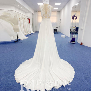 A-line Sheer Vneck Satin Wedding Dress with Illusion Bodice - Rosymae