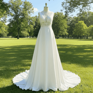 A-line Sheer Vneck Satin Wedding Dress with Illusion Bodice - Rosymae