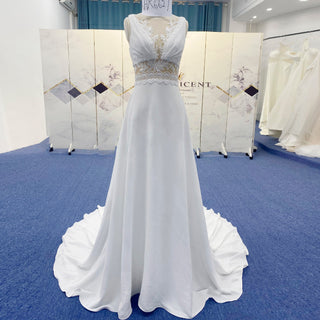 A-line Sheer Vneck Satin Wedding Dress with Illusion Bodice - Rosymae