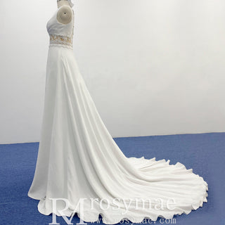 A-line Sheer Vneck Satin Wedding Dress with Illusion Bodice - Rosymae