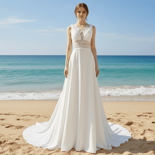 A-line Sheer Vneck Satin Wedding Dress with Illusion Bodice - Rosymae
