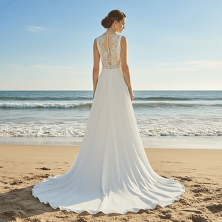 A-line Sheer Vneck Satin Wedding Dress with Illusion Bodice - Rosymae
