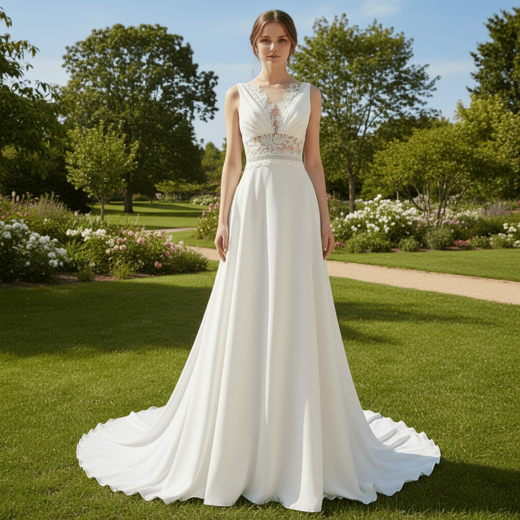 A-line Sheer Vneck Satin Wedding Dress with Illusion Bodice - Rosymae