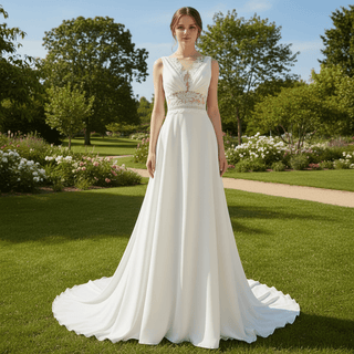 A-line Sheer Vneck Satin Wedding Dress with Illusion Bodice - Rosymae