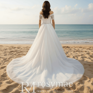 A-line Short-Sleeve Off-The-Shoulder Tulle Plus size Wedding Dress - Rosymae