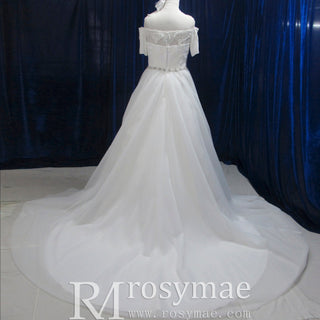 A-line Short-Sleeve Off-The-Shoulder Tulle Plus size Wedding Dress - Rosymae